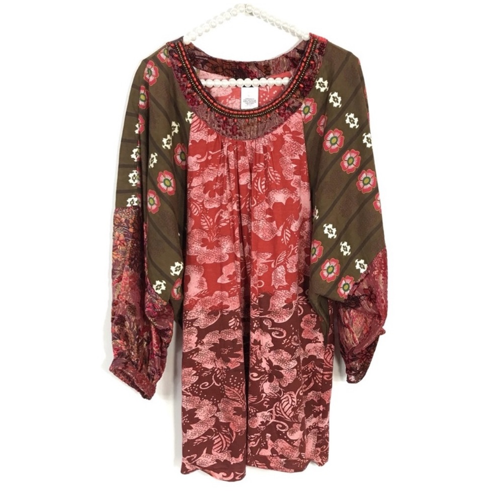 Ulla Popken Tunic Floral Beaded Top Blouse Boho Lagenlook Fall Cottagecore Artsy